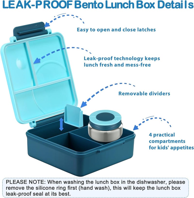 Howeemo Bento Lunch Box Set for Kids with 8oz Soup Thermo, Leak-Proof Lunch Containers with 4 Compartment, Kids Thermo Hot Food Jar and Insulated Lunch Bag for Kid to School-Blue - Image 5